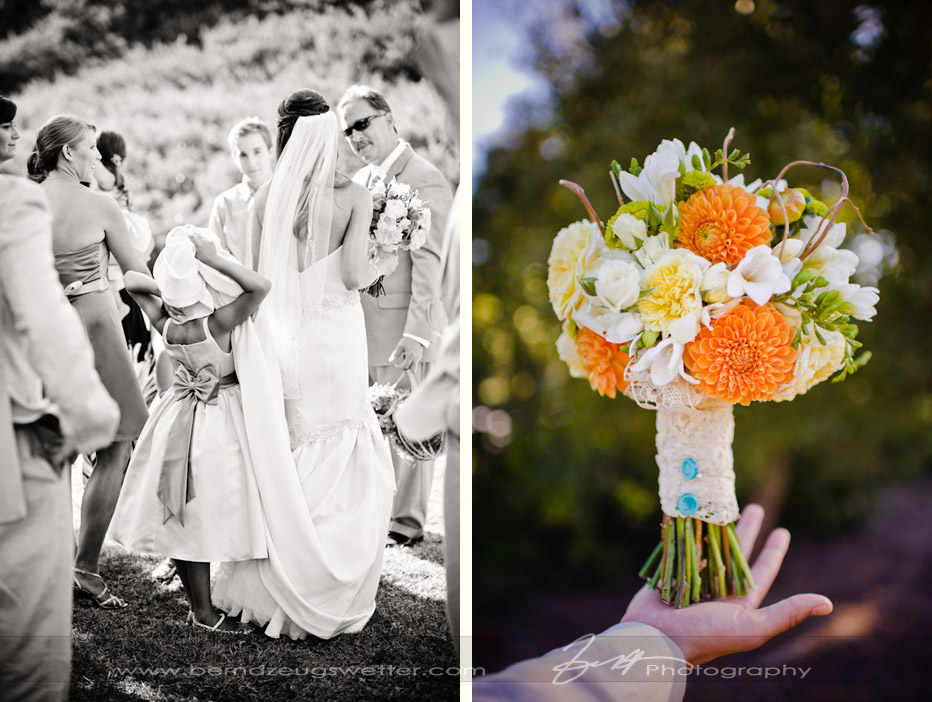Flower-girl hiding in wedding dress, detail of bouquet balanced on hand