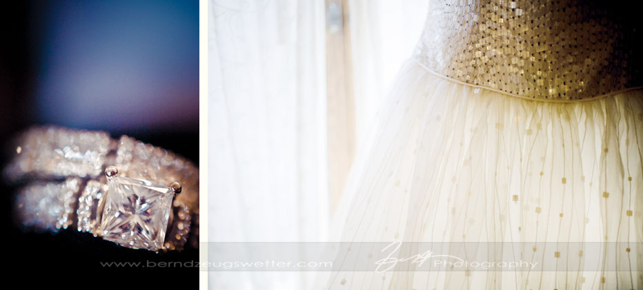 Details of wedding rings and bridal gown, Santa Barbara wedding photographer..
