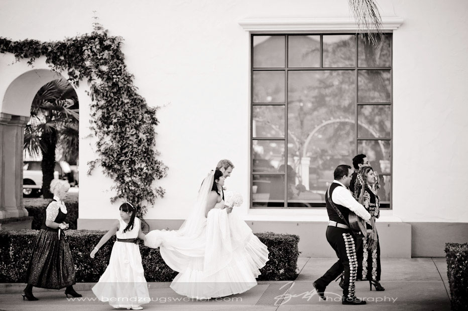 Bride and groom in downtown Santa Barbara, Santa Barbara wedding photographer..
