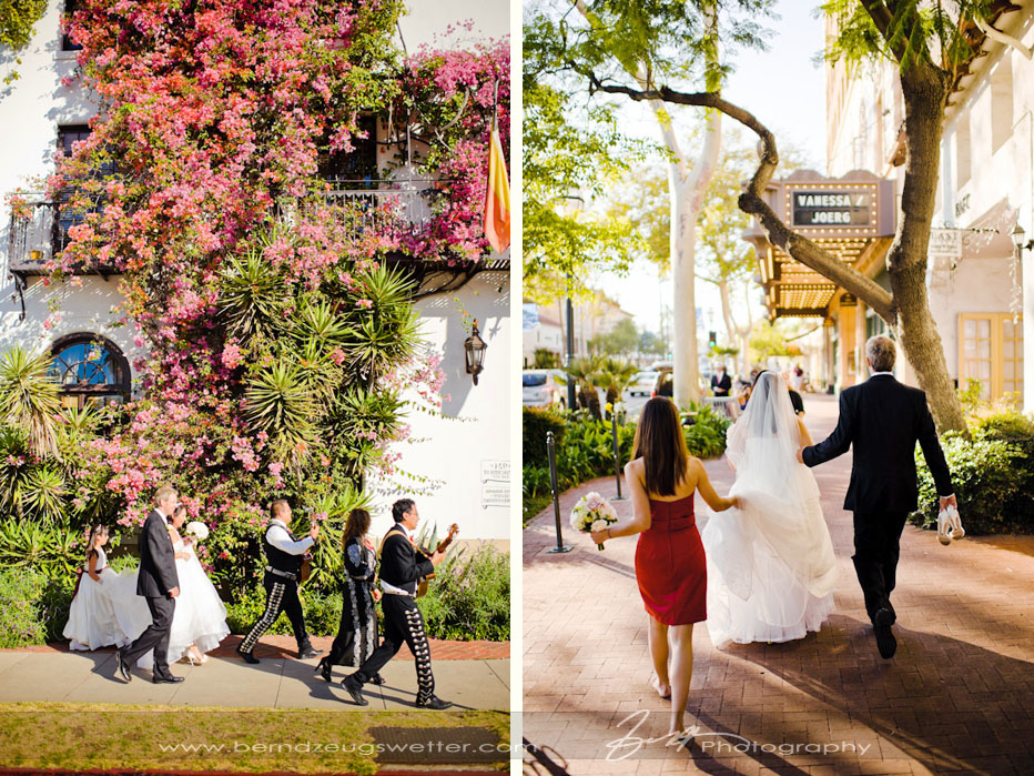 Bride and groom walking to Granada Theater, Santa Barbara wedding photographer.