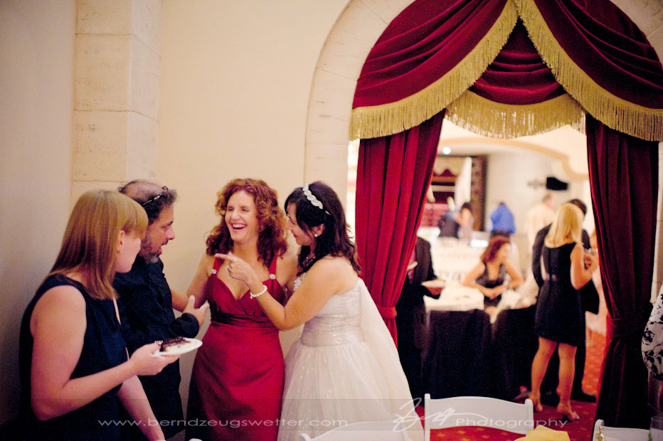 Bride and guests at Granada Theater wedding reception, Santa Barbara.