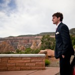 Groom arriving at the wedding site, Colorado National Monument.