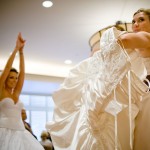 Bride getting ready for her gown at the Four Seasons Biltmore.