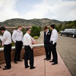 Groomsmen and groom waiting for everyone to arrive.
