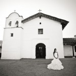 Bride in front of the Historic Presidio, Santa Barbara.
