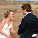 Bride and groom during the windy wedding ceremony.