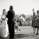 Bride and groom, officiant, and bridesmaids, Santa Barbara Mission.