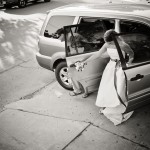 Bride and groom arriving at the reception, Santa Barbara.