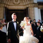 Wedding couple in front of the First United Methodist Church, Santa Barbara.