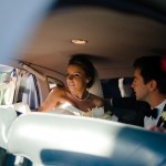 Bride and groom in their limousine, Santa Barbara.